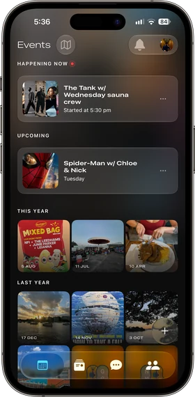 The Tether events screen on iPhone, listing an event happening now, an upcoming event, and a grid of photos from earlier events.