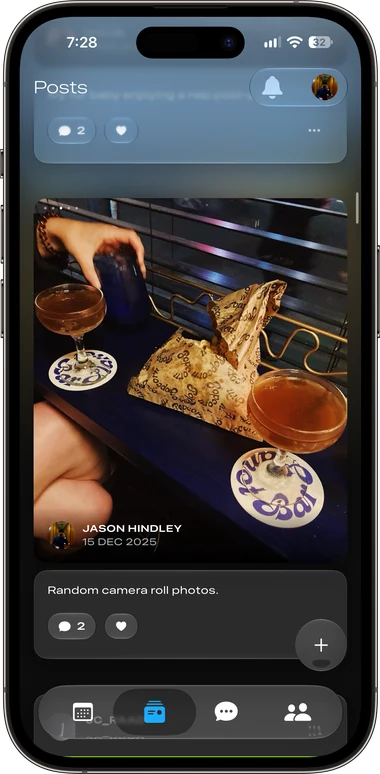 The Tether posts feed on iPhone, showing a photo post with its caption, comment count and like button below it.